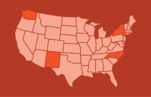 Map of the continental United States. The states of New Mexico, Washington, New York, and North Carolina are highlighted in orange.