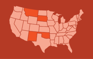 Map of the continental United States. The states of Oklahoma, New Mexico, South Dakota, and Montana are highlighted in orange.